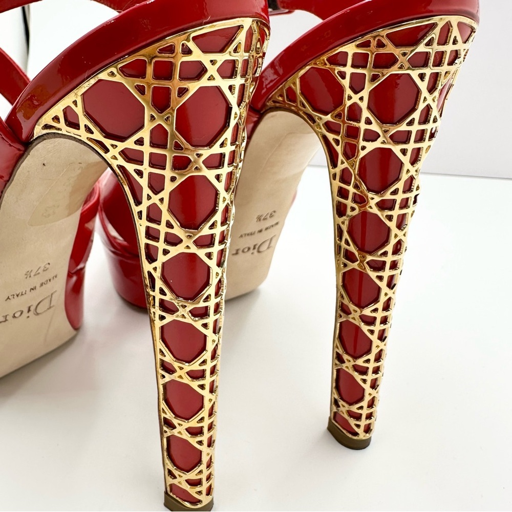 Dior Metal Cannage Strappy Peep Toe Heels Red Patent Leather - Picture 11 of 16